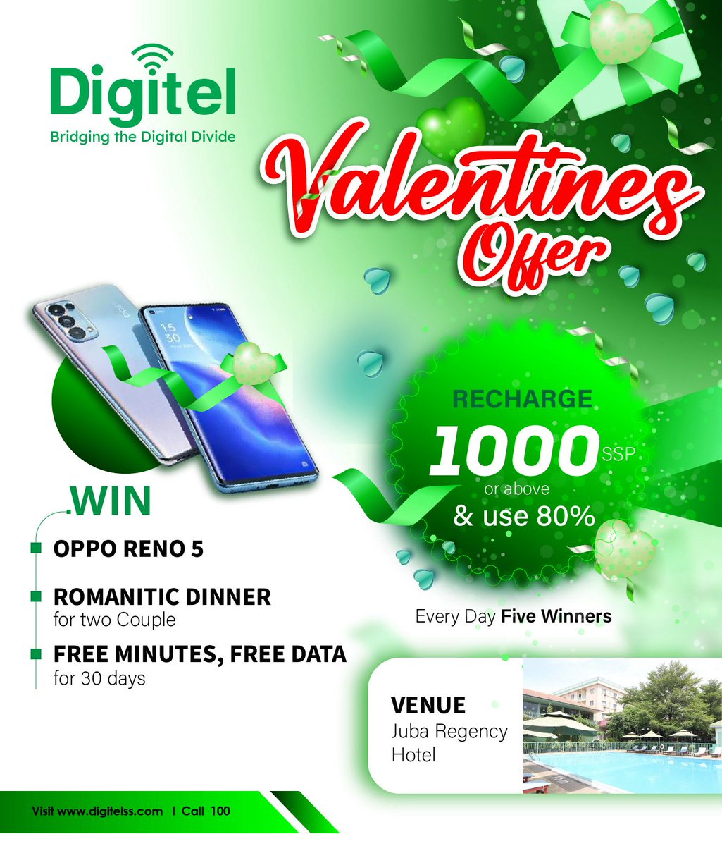How am seeing y'all who haven't recharged your @DigitelSS with 1000SSP and more cause the #ValentinesPromo is ending today .

Recharge and boost your chance to win the Oppo Reno 5 phone ,goodies and dinner date at Juba Regency Hotel .

#SSOX