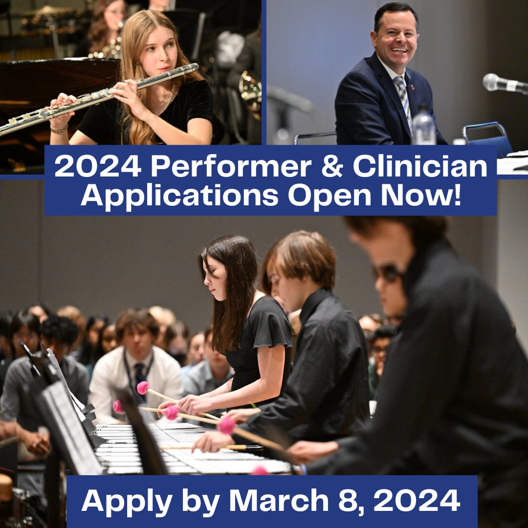Only 3 weeks left to complete your clinic or performance application for the 2024 Midwest Clinic! Submit by March 8 to be considered: to get started, create or log in to your account on our website. Clinic apps: tinyurl.com/MWCClinicApp Performance apps: tinyurl.com/MWCPerformerApp