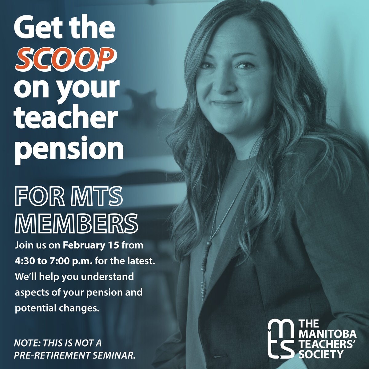 MTS members! Get the scoop on your teacher pension. Register at buff.ly/2qgf1o8 and join us in person after school at McMaster House on Feb. 15. We'll help you understand aspects of your pension and potential changes. This is not a retirement seminar.