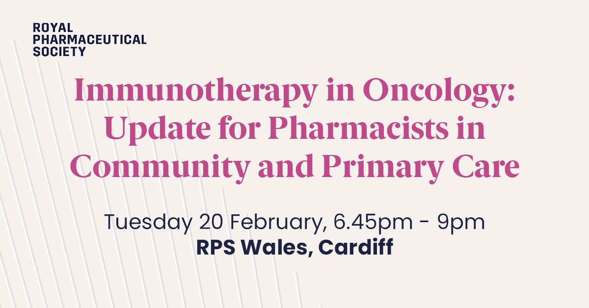 rc_pharm's tweet photo. Don't miss this @RPS_Wales event! Learn about the latest in immunotherapy and treatments in oncology, and what this means for you and your patients.

✅ Expert speakers
✅ Refreshments provided
✅ Networking opportunities

Free for RPS members

Book now: https://t.co/BtrkhjVkb6 https://t.co/foKe37KfdV