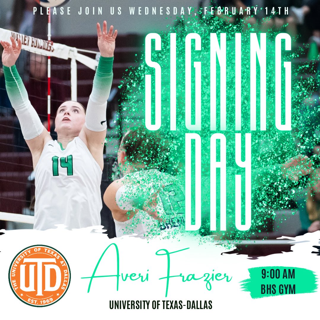 Please join us tomorrow, Valentine’s Day, at 9am in the BHS Main Gym to celebrate Averi Frazier as she signs her NLI to continue her academic and volleyball career at the University of Texas-Dallas! We ❤️ You, Averi!