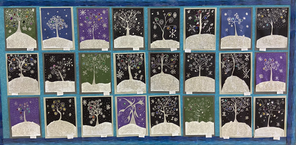 Our fourth grade artists focused on line and space while creating whimsical trees in the style of Austrian artist, Gustav Klimt. ❄️