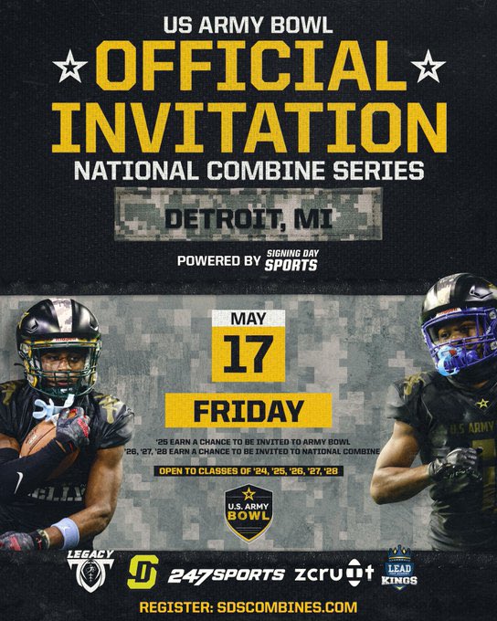 Blessed to receive an invitation to the national army bowl combine! 

<a href="/USArmyBowl/">Military Appreciation Bowl Week</a> 
<a href="/JJKilgore_SDS/">JJ Kilgore</a> 
<a href="/SDSports/">Signing Day Sports</a> 
<a href="/247Sports/">247Sports</a> 
<a href="/Rivals/">Rivals</a>