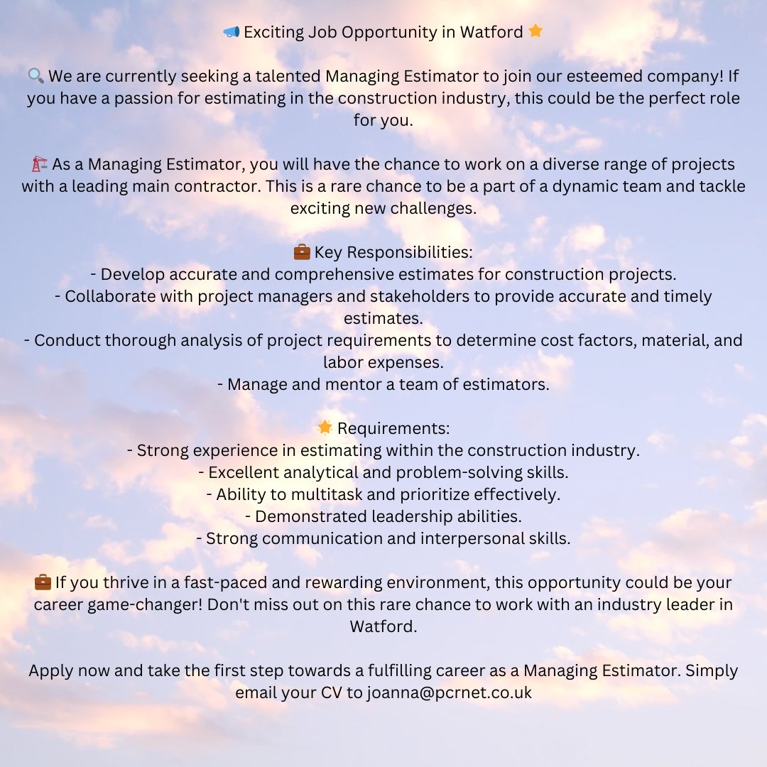 RecruiterJoanna's tweet image. Rarely available opportunity for a Managing Estimator to join a large main contractor based in Watford.

Email your CV to joanna@pcrnet.co.uk

#estimator #constructionestimator #managingestimator #construction