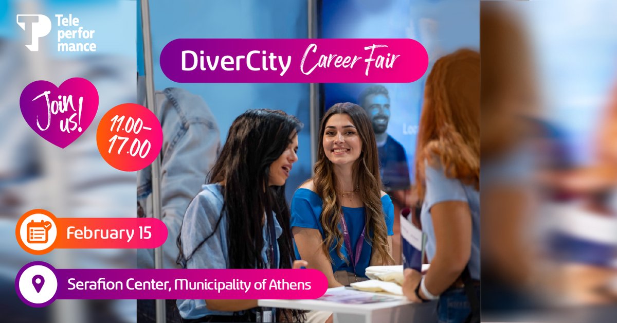 #TeleperformanceGreece will be participating in the upcoming #DiverCityCareerFair, an event dedicated to fostering #DiversityInTheWorkplace. 
📅 Thursday, 15th February 2024, 11:00 AM – 5:00 PM
📍 Serafion Center, Municipality of Athens
Join us!
 #InclusionMatters