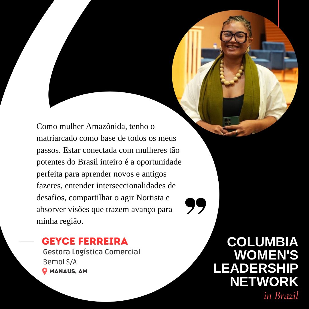 💙 Conheça Geyce Ferreira, a mais nova participante da rede Columbia Women’s Leadership Network (CWLN). 📖 Geyce é Amazônida, Agitadora Social e Profissional de Supply Chain e Logística. 👏 Seja bem-vinda à nova turma do CWLN, Geyce! #cwln #WomenEmpowerment #columbia