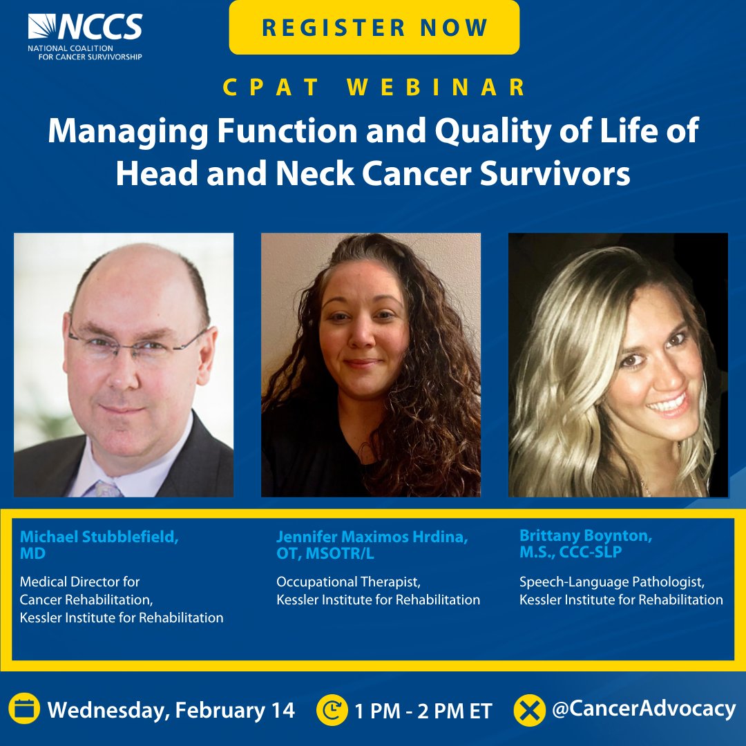 Join NCCS tomorrow, Feb 14 at 1PM ET as experts from the Kessler Institute for Rehabilitation discuss diagnosis and treatment of radiation fibrosis in head & neck cancer survivors. Register now: us02web.zoom.us/webinar/regist… @SelectM #CancerSurvivorship #oncology