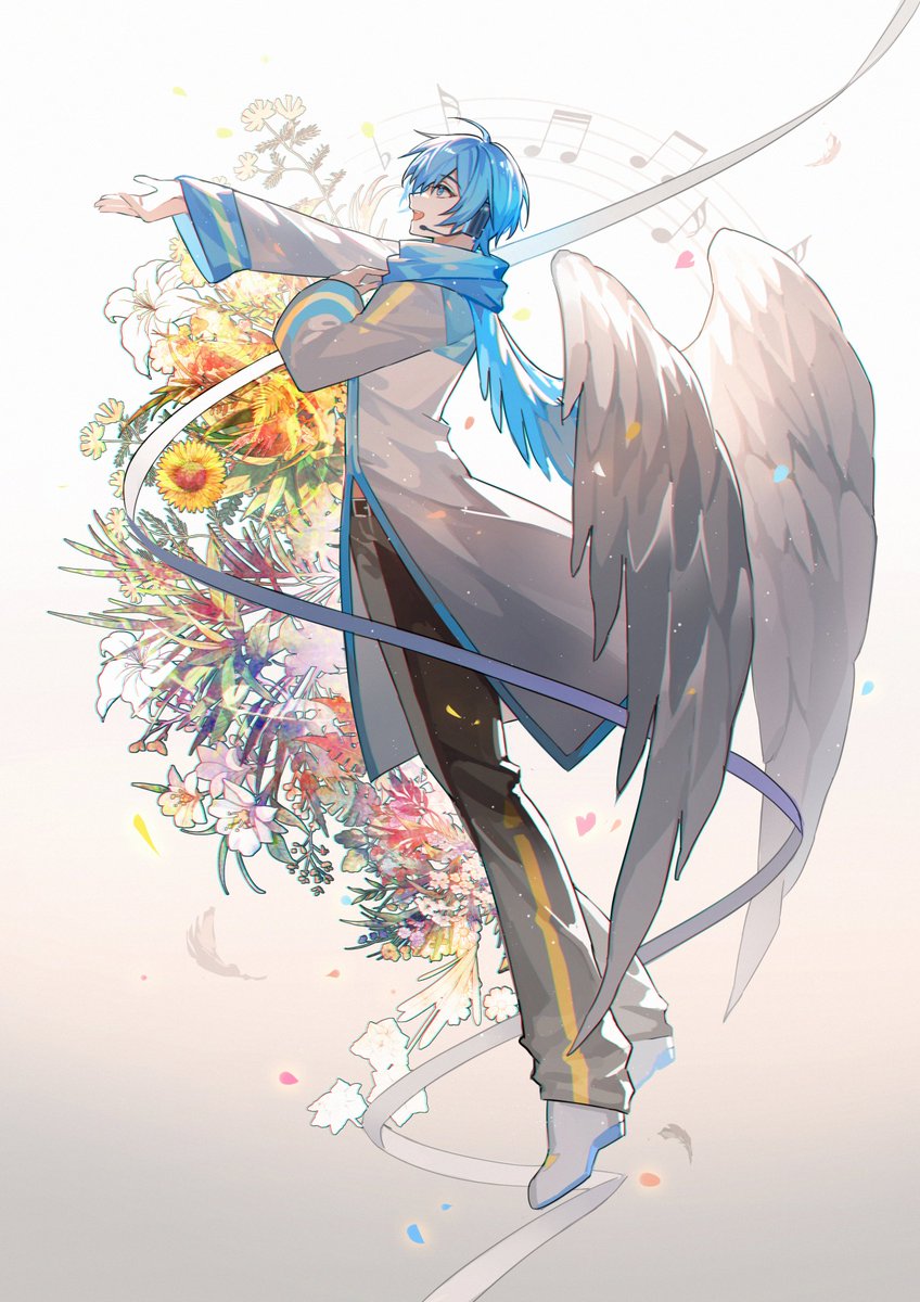 kaito (vocaloid) flower 1boy male focus wings blue hair scarf blue eyes  illustration images