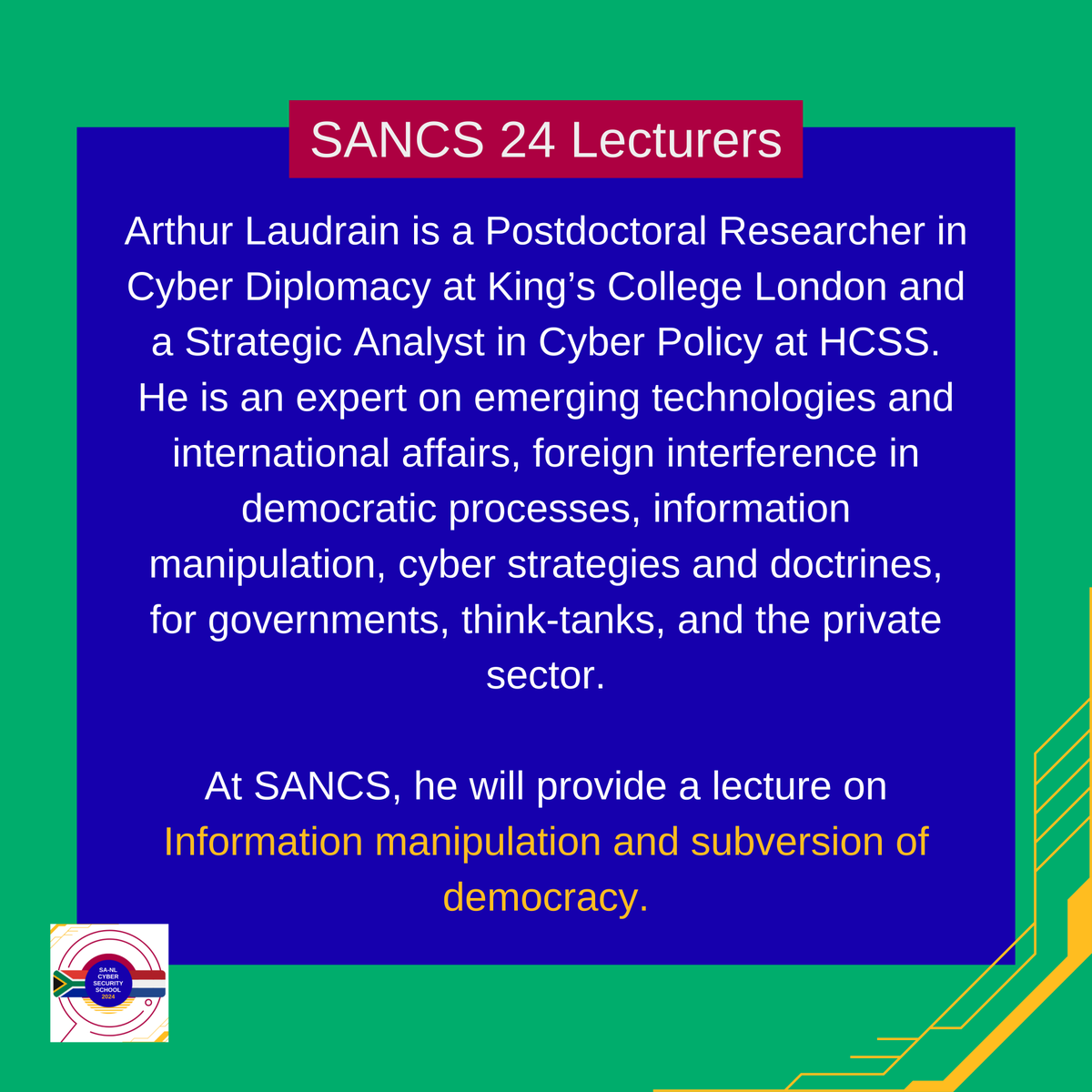 SANCS26's tweet photo. 📢 More speaker announcements! We are happy to announce that @APB_Laudrain, a Postdoctoral Researcher at @KingsCollegeLon & Strategic Analyst at @hcssnl will be lecturing at #SANCS24! Read the slides to find out about his expertise and what he will be lecturing on. https://t.co/2DHiJBtlfR