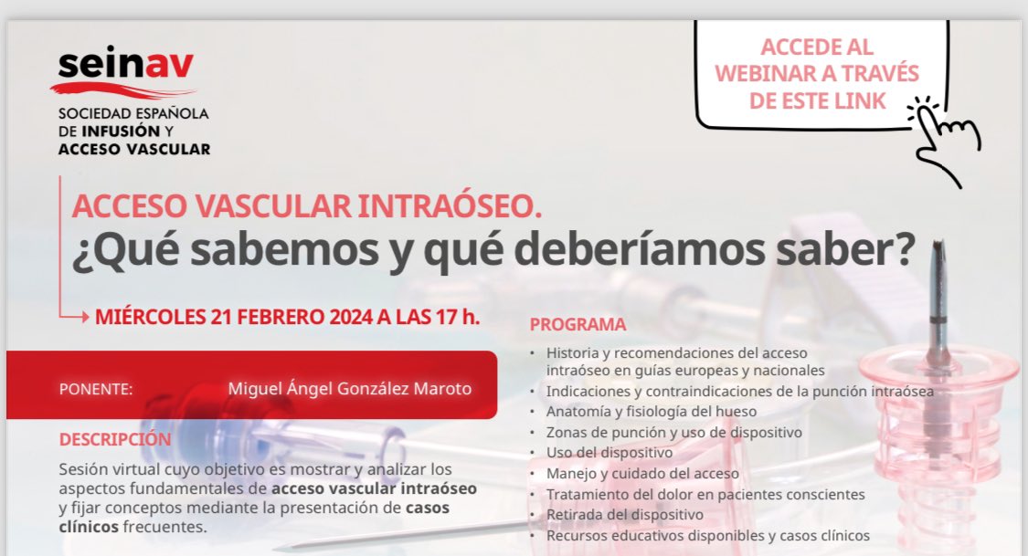 📢📢‼️Nueva actividad propuesta por SEINAV. Webinar: El acceso intraóseo, conoce todo aquello que debe saberse sobre esta vía de infusión usada en contexto de emergencia. Miércoles 21 de Febrero 2024 a las 17h. Enlace en seinav.org Acceso abierto y gratuito‼️