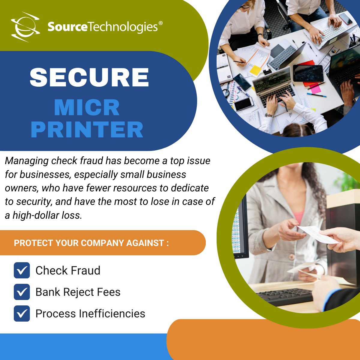 SourceTechnolo4's tweet image. There are 11 security risks with issuing Cashier’s Checks and Money Orders using pre-printed check stock. Using a secure MICR check printing solution could help you save 76% on your check issuance expense! #SourceTechnologies #CheckPrinting #MICRPrinter #CheckFraud