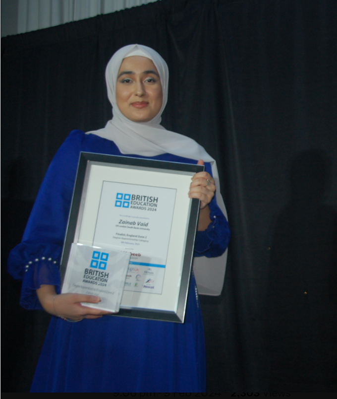LSBU's tweet photo. Well done to #LSBU engineering graduate Zainab Vaid. She won in the ‘Degree Apprenticeship’ category at the @BEAawards.  Alongside her studies, Zainab is working on one of the largest infrastructure projects in Europe @HS2Ltd with @CostainGroup. 
#LSBUawardsuccess https://t.co/5C13AwkrKw