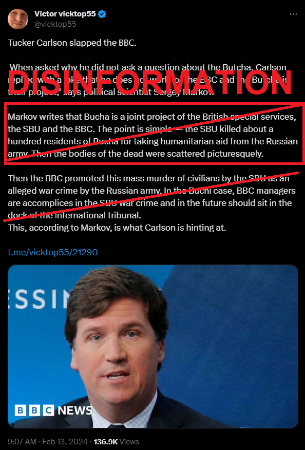 GeoConfirmed UKR.

This is disinformation.

"The Bucha Massacre" was one of our first community efforts resulting in a thread with all the GeoConfirmed footage.

There is NO DOUBT that the Bucha Massacre was conducted by Russian Forces. 

They were seen killing Ukrainians and/or