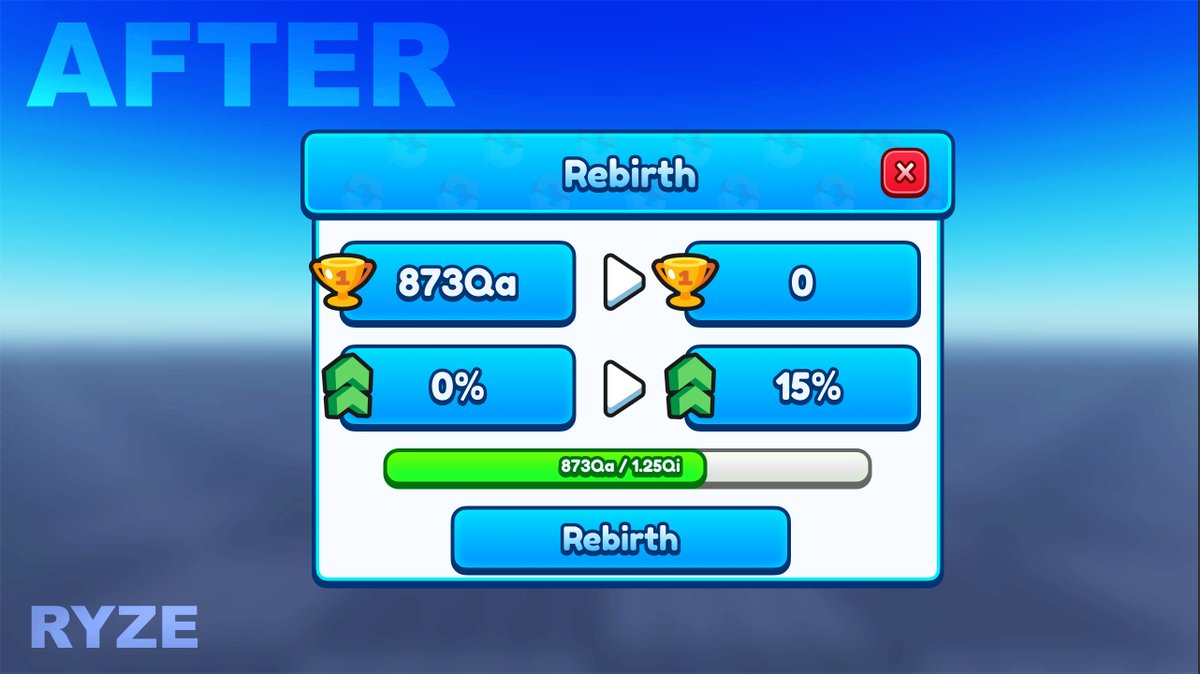 😍 Cartoony Rebirth UI Before VS After. 📌 Before VS After For A Games' UI Revamp 🙏 🏆 | #RobloxDev | #RobloxDevs | #RobloxUGC | #robloxart | #RobloxFreeUGC | #RobloxUI | #uidesign | #RobloxStudio | #RobloxDesigner | #beforeandafter | #RobloxDev | #Free | #uiux