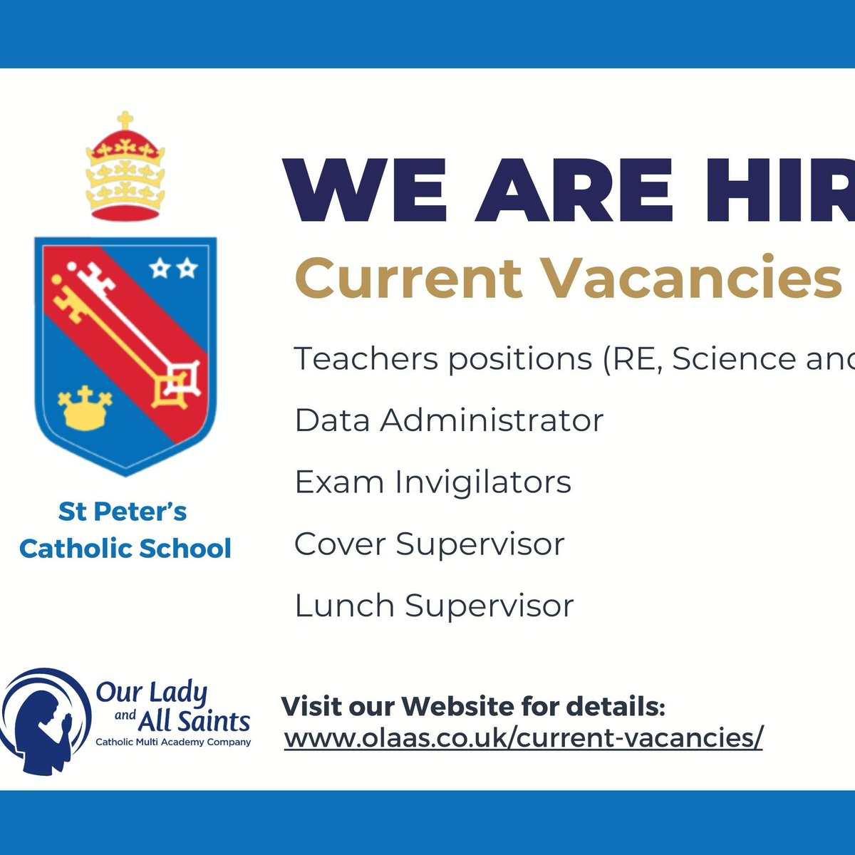 Please visit our website or WM Jobs for current teaching and supporting role vacancies. olaas.co.uk/current-vacanc… @StPetersSch @ourladycompass @StAugsCPS #teachers #recruitment #sitemanager #CatholicEducation