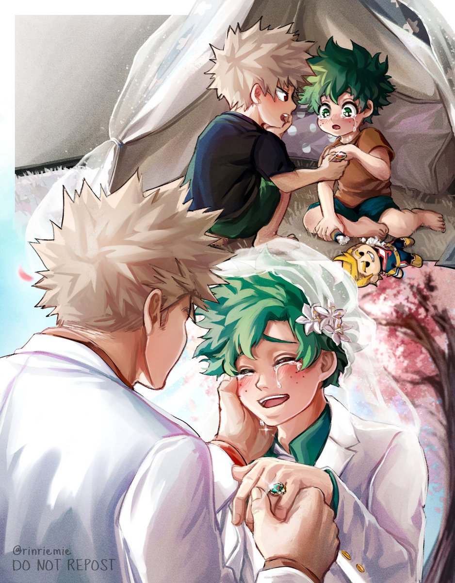 bakugou katsuki ,midoriya izuku multiple boys jewelry blonde hair green hair freckles shirt ring  illustration images