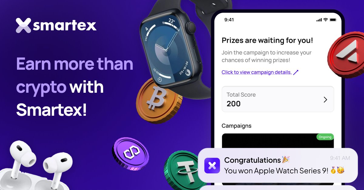 smartexlabs's tweet photo. Ready to Win in the Crypto World? 🔥
Join #Smartex today! Apple Watch, AirPods Pro, Fintech Week tickets, and many more await you!
It starts on Feb 26. Click now for details, and take your seat for the ride! 📲 https://t.co/MwwCwPwIbp
#Smartex #Campaign #Crypto #BTC https://t.co/gydMDp8DJu