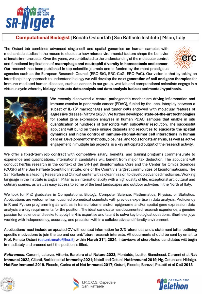 Renato Ostuni (@ostunilab) on Twitter photo 📢Job Alert 📢 We are looking for a Senior Computational Biologist. Work with us to unravel the organization of human cancer with spatial transcriptomics & much more! Competitive contract, salary and benefits in beautiful Milan <a href="/SanRaffaeleMI/">Ospedale San Raffaele</a> 🇮🇹. Apply now and/or please RT! 📢Job Alert 📢 We are looking for a Senior Computational Biologist. Work with us to unravel the organization of human cancer with spatial transcriptomics & much more! Competitive contract, salary and benefits in beautiful Milan <a href="/SanRaffaeleMI/">Ospedale San Raffaele</a> 🇮🇹. Apply now and/or please RT!