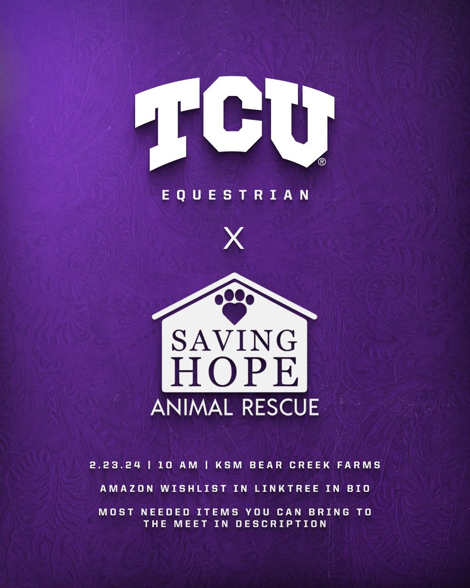 TCUWEquestrian's tweet photo. We are 𝒑𝒓𝒐𝒖𝒅 to announce that we will be teaming up with @SavingHopeTx for a pet supply drive 🐶🐱

The drive will culminate at our OSU meet on February 23 at 10am at KSM Bear Creek Farms. Most urgent needs in thread.

🔗 https://t.co/77Y1n9mkzm

#GoFrogs x #1Family1Mission https://t.co/4zdWFvHtMC