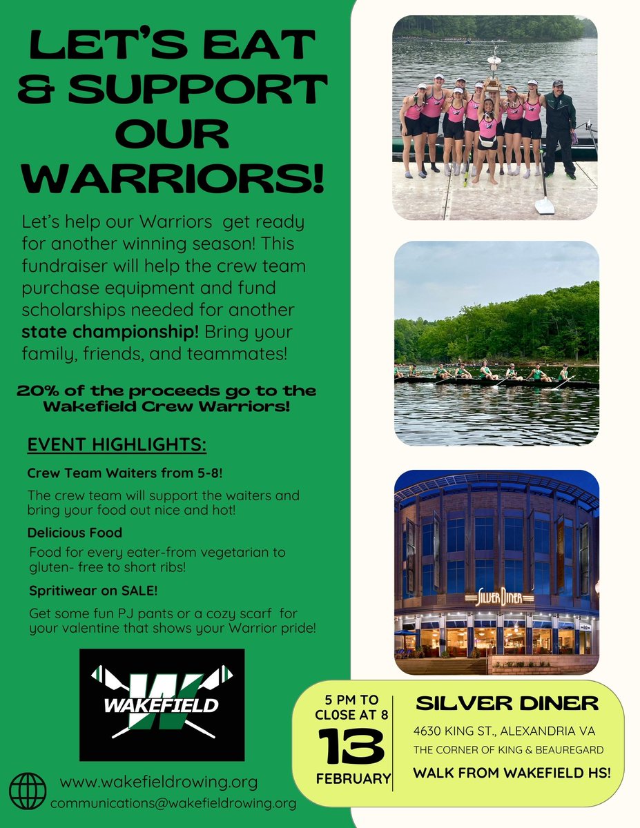 TONIGHT is the night! Come join us at Silver Diner, have a yummy dinner, and support Wakefield Crew! @apsvirginia
@apsstudentequity
@aps_careercenter
@apskenmore
@jeffersonibmyp
@apsvaschoolbd
@wakeathletics
@wakefieldboosters
@wakefield_2024
@wakefield_2026
@wakefield_2027