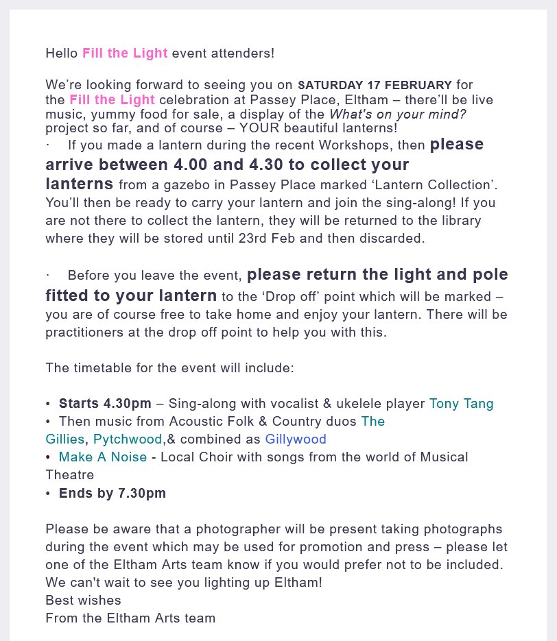 ElthamArts's tweet photo. Hey, if you came to the Lantern Workshops, we can't wait to see your beautiful lanterns all lit up at #FillTheLight on Saturday (17 Feb)😃🕯️🏮
If you signed up, you should have received the info below (via email) about what to do on the day! https://t.co/TV1iCaHanb