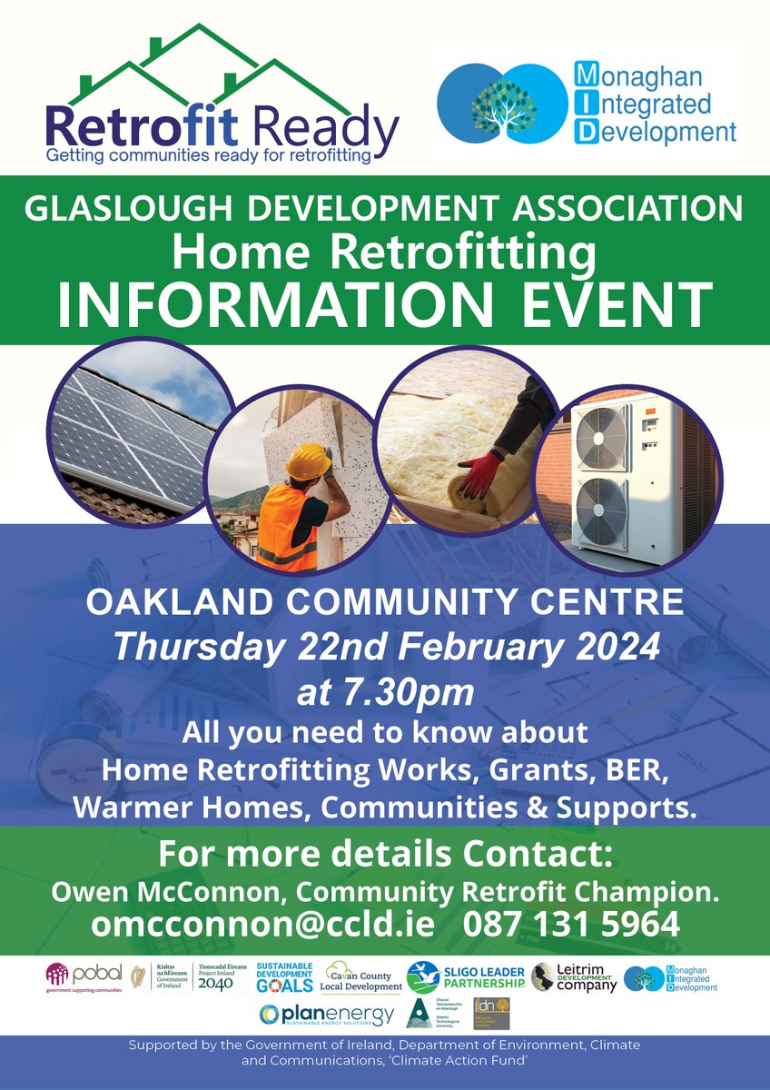 Retrofit Ready - Cavan/Monaghan Ready and Monaghan Integrated Development CLG CLG are hosting another information session in Glaslough, Co. Monaghan. We look forward to seeing you at Oakland Community Centre on 22nd February 2024, at 7:30 pm. #retrofitting #retrofitready,