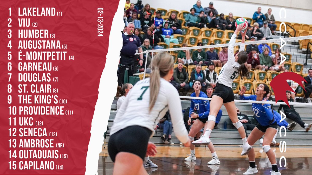 CCAAsportACSC's tweet photo. 🇨🇦 CCAA Women's Volleyball Rankings
🏐Classements de volleyball féminin
1⃣ @gorustlers
2⃣ @VIUMariners
3⃣ @HumberHawks
4⃣ @UofA_AugVikings
5⃣ @LynxEdouardM 
#CCAArankings #letsgoccaa https://t.co/wrcgr33V8j