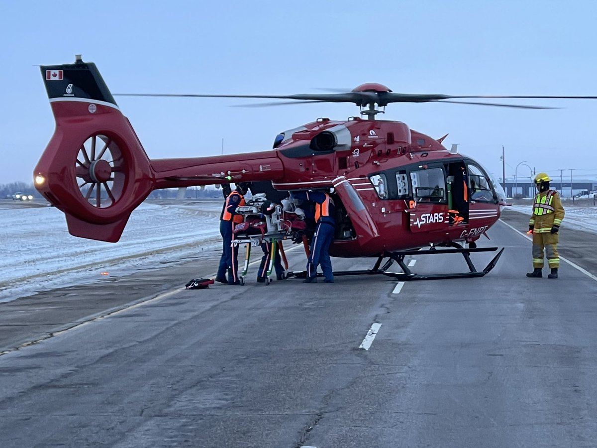 Earlier this morning we responded to a serious car vs pedestrian collision on Hwy11 just south of Warman. Patient treated on scene by <a href="/MedavieWest/">Medavie Health Services West</a> and <a href="/STARSambulance/">STARS</a> quickly transported. RCMP investigating.
