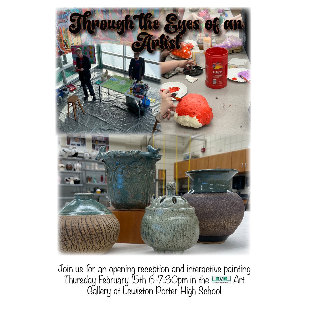 Check out our students' work alongside the professional artwork of artists Junko McGee, Dana Murray Tyrrell, and Rob Lynch &amp; Matthew SaGurney of the Solo Roths. We will also be making some collaborative artwork live at the reception! <a href="/LewPortCSD/">Lewiston-Porter CSD</a> <a href="/LewPortArt/">Lew-Port Art Department</a>