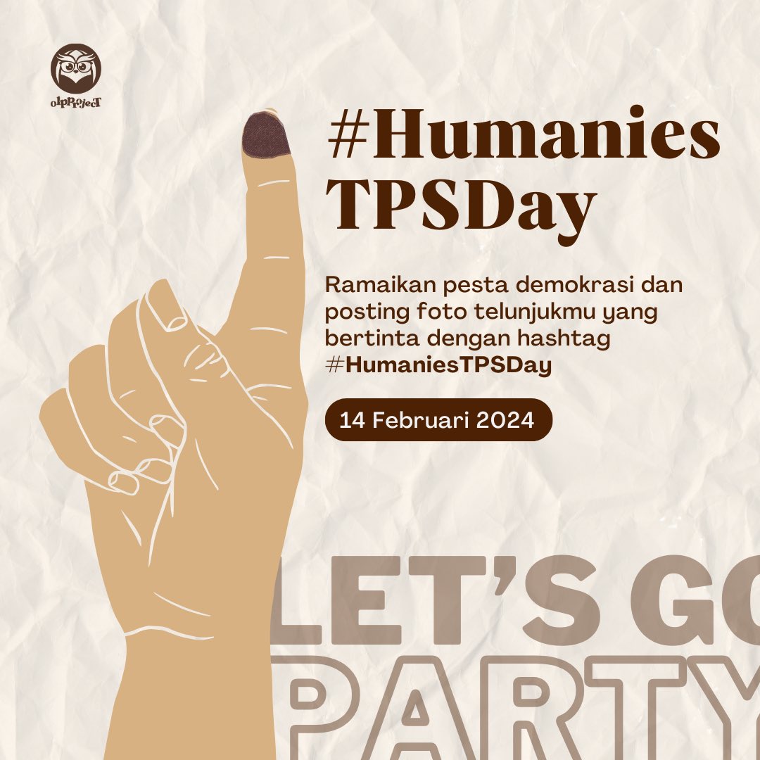 Humanies! Ayo ikut meramaikan pesta demokrasi besok dengan menggunakan hashtag dibawah! 🤩🎉

p.s pantengin tweet Minnies besok pagi sebelum datang ke TPS ya 😆

#HumaniesTPSDay
#1VoteMatters
