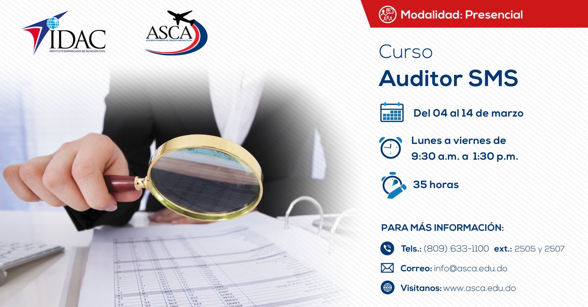 Adquiere los conocimientos necesarios para realizar auditorías internas al Sistema de Gestión de Seguridad Operacional (SMS) de la organización a la que perteneces. 📷: Modalidad presencial 📷: Del 04 al 14 de marzo 📷 : Lunes a viernes, 9:30 a.m. – 1:30 p.m. ¡Contáctanos!