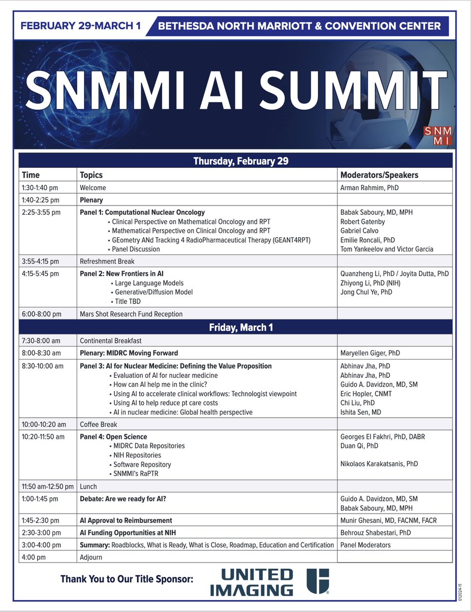 Arman Rahmim (@armanrahmim) on Twitter photo Super excited about the upcoming <a href="/SNM_MI/">SNMMI</a> AI Summit 2.0 (AI in Action), following a very success AI Summit in 2022. Thu Feb 29 1:00pm ET & all day Friday March 1. You can attend in person or remotely:
captions.snmmi.org/CAPTIONS/Share…
And here's the summit agenda:
captions.snmmi.org/common/Uploade… Super excited about the upcoming <a href="/SNM_MI/">SNMMI</a> AI Summit 2.0 (AI in Action), following a very success AI Summit in 2022. Thu Feb 29 1:00pm ET & all day Friday March 1. You can attend in person or remotely:
captions.snmmi.org/CAPTIONS/Share…
And here's the summit agenda:
captions.snmmi.org/common/Uploade…