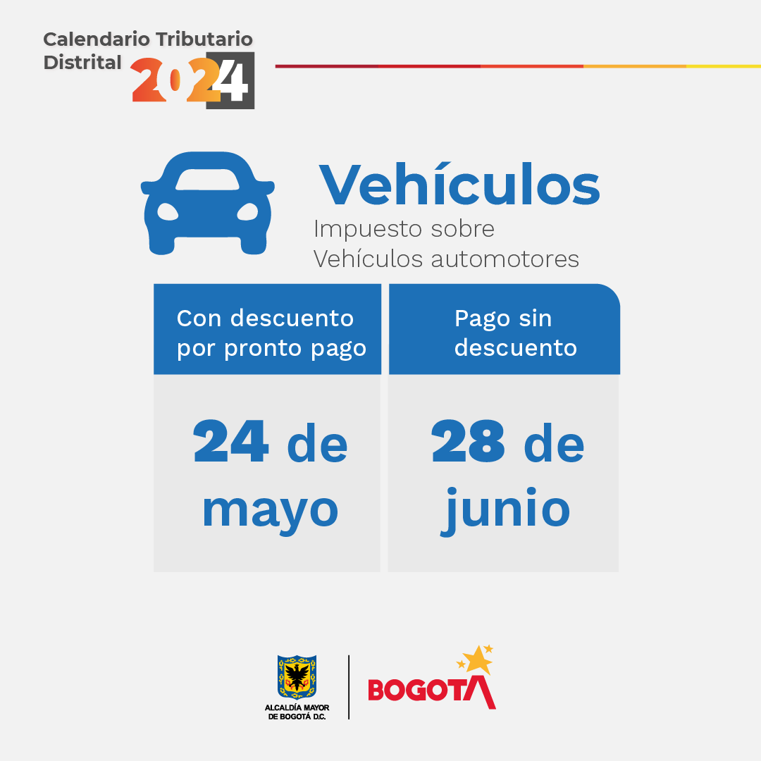 🗓️#CalendarioTributario 2024 El plazo máximo para pagar el #ImpuestoVehículos 2024 🚗 con el descuento del 10% vence el 24 de mayo; y sin descuento, el 28 de junio.