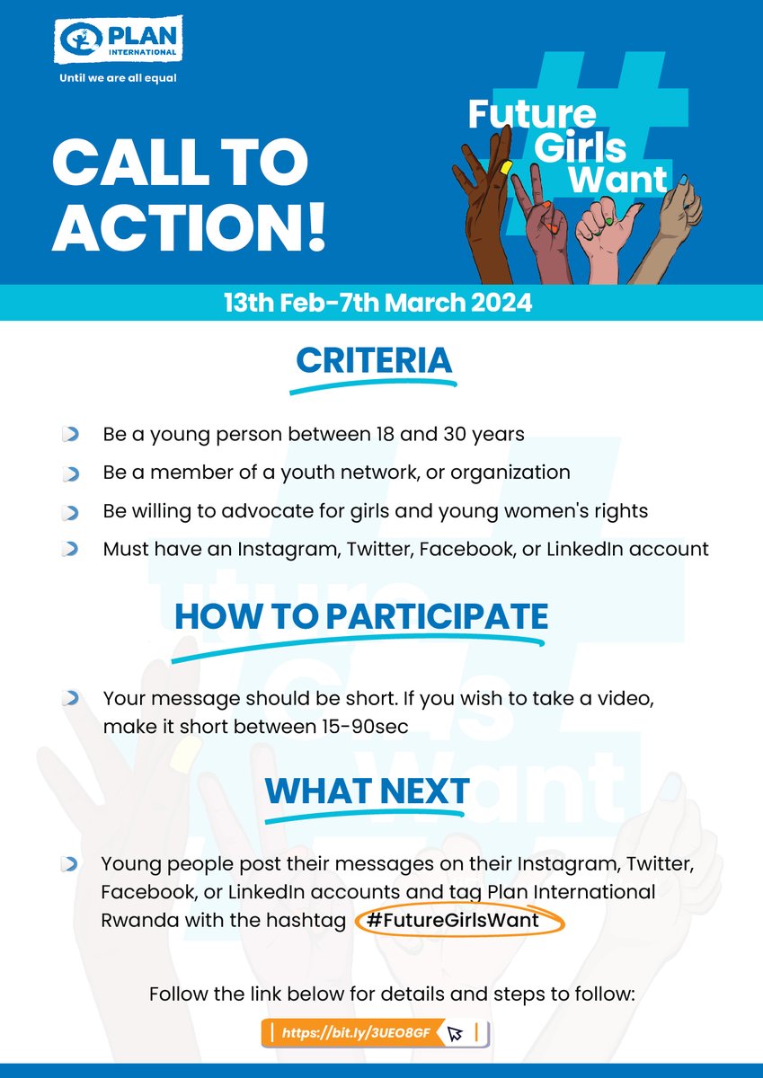 PlanRwanda's tweet photo. CALL TO ACTION

Are you a member of a youth network, or organization, 
willing to advocate for girls and young women's rights? 

It is your time to share your visions and perspectives for the International Women's Day 2024.

#FutureGirlsWant 

✅Join us: https://t.co/CSRzZmi3sz https://t.co/kQ2iD86yvr