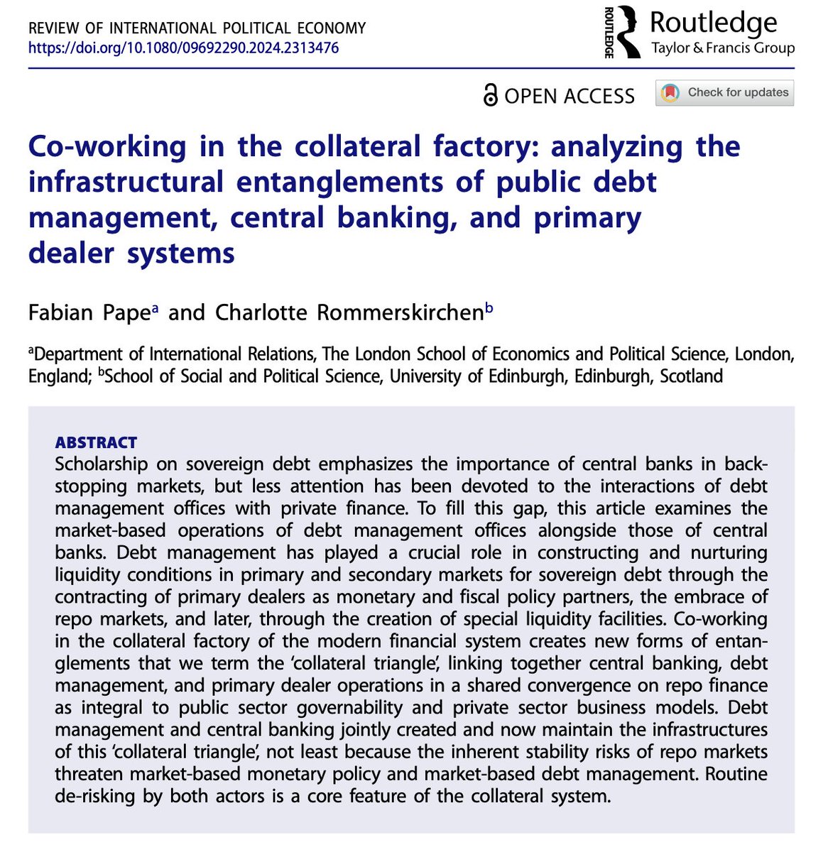 New article with @charomki out in @RIPEJournal! We show how central banks and debt managers work together in institutionalising the link between market-based finance and sovereign debt. doi.org/10.1080/096922…