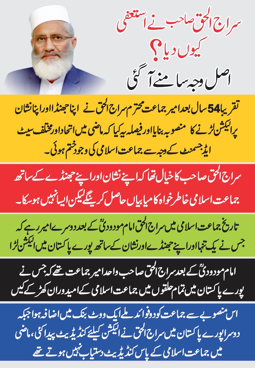 Mansoorulhaqjip's tweet photo. امیر جماعت اسلامی پاکستان جناب @SirajOfficial صاحب نے استعفی کیوں دیا ؟ اصل وجہ سامنے آگئ ،
 #JIWillFight https://t.co/3oz4lbQW8n