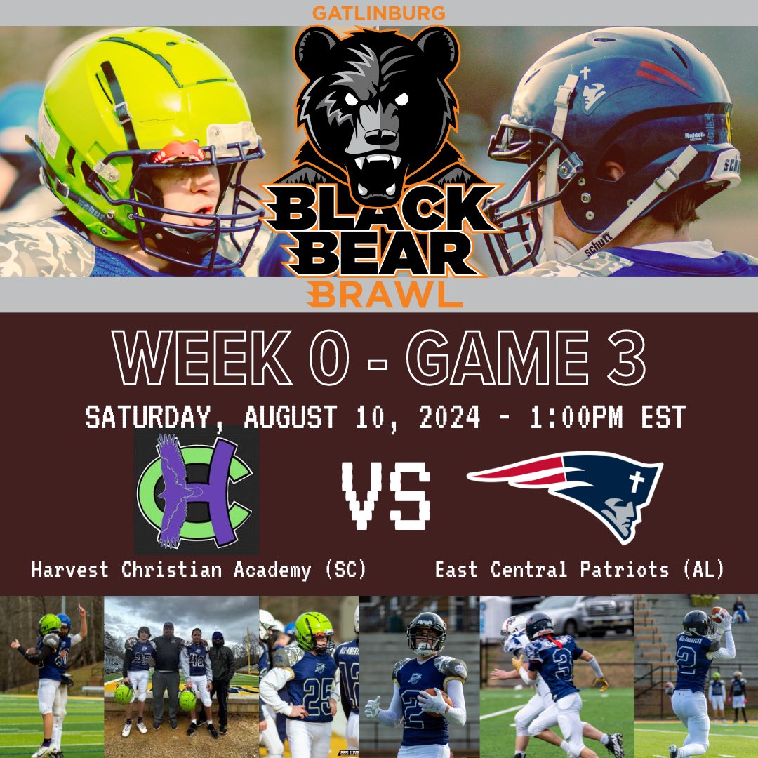 GatlinburgBowl's tweet photo. Week 0 Game 3's Matchup is set for August 10th! We're very excited to see two great teams meet in Gatlinburg to kick off their season the right way. We have Harvest Christian Academy (SC) vs East Central Patriots (AL) in a 8-man matchup that should be very entertaining! 💪 https://t.co/F3L813mVOj
