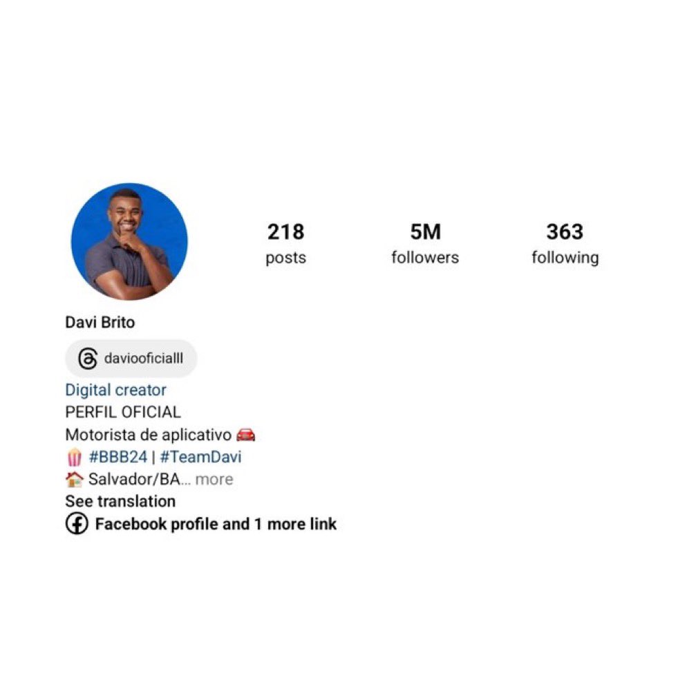Dantinhas's tweet photo. 🚨VEJA: Davi Brito ultrapassa 5 MILHÕES de seguidores no Instagram. #BBB24 https://t.co/WIuP3YhCHj