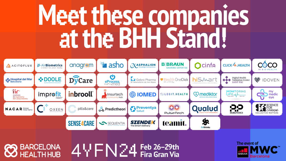 BCNHealthHub's tweet photo. Meet the +40 companies that are coming to the #BHHStand in #4YFN! ๐ Startups, scaleups, corporates, pharma and hospitals... the BHH Stand has everything you're looking for. It brings you the chance to interact with the vibrant BHH #healthcare ecosystem of innovators.ย ๐คฉ https://t.co/pLlEAFnaF8