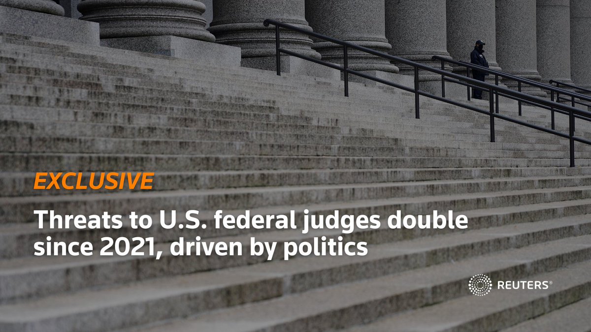 Exclusive: Serious threats to US federal judges have more than doubled over the past three years, part of a growing wave of politically driven violence, according to US Marshals Service data reviewed by @Reuters reut.rs/3UFcksp by @JTanfani @byPeterEisler @nedmparker1