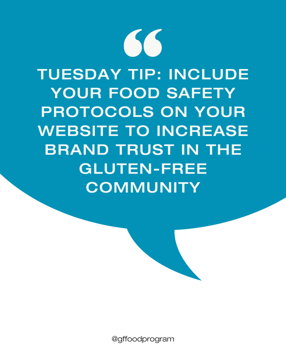 gffoodprogram's tweet photo. GFFP TUESDAY TIP: INCLUDE YOUR FOOD SAFETY PROTOCOLS ON YOUR WEBSITE TO INCREASE BRAND TRUST IN THE GLUTEN-FREE COMMUNITY. Adding these details to your website builds a community based on trust and safety.
#GlutenFreeManufacturing #FoodSafetyFirst #tuesdaytip #gffoodprogram https://t.co/TnjpqKy7cd