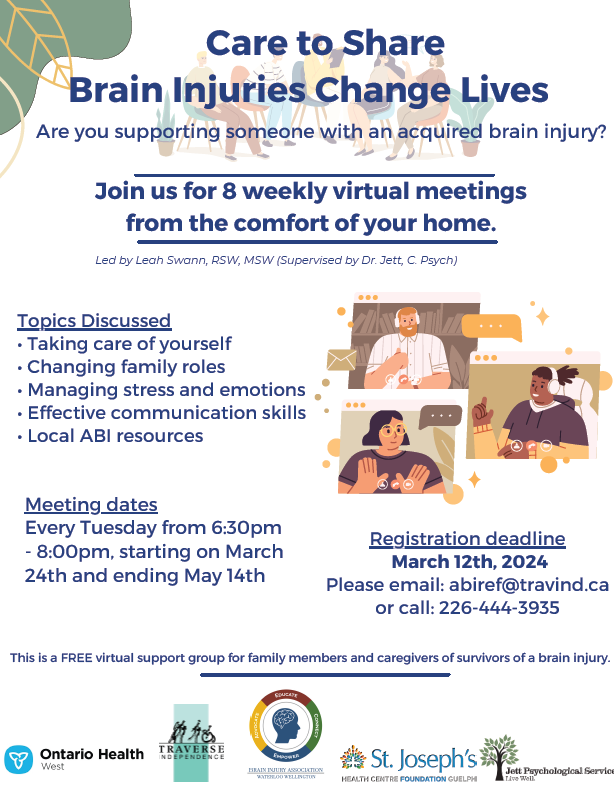 Are you caring for someone with an acquired brain injury? We are offering another FREE virtual support group for family members and caregivers of survivors of a brain injury. Signup today! 

<a href="/JettPsych/">Jett Psych Services</a> #caregiver #kitchener #CommunitySupport