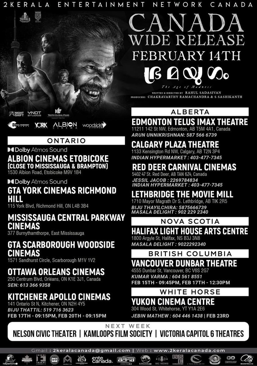 #Bramayugam Canada Theatre List 🥰

#BramayugamFromFeb15 🖤🤍

#Bramayugam #Mammootty #RahulSadasivan #YNotStudios #NightShiftStudios #Feb15 #SamadTruth  #TruthGlobalFilms