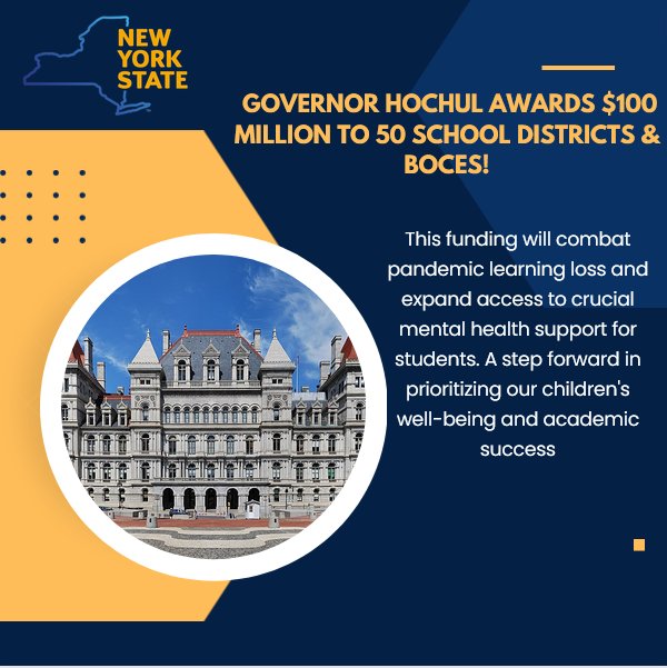 Congratulations to East Quogue Union Free School District and 49 others! Governor Hochul awards $100 million to support efforts to combat pandemic learning loss and expand access to mental health care.