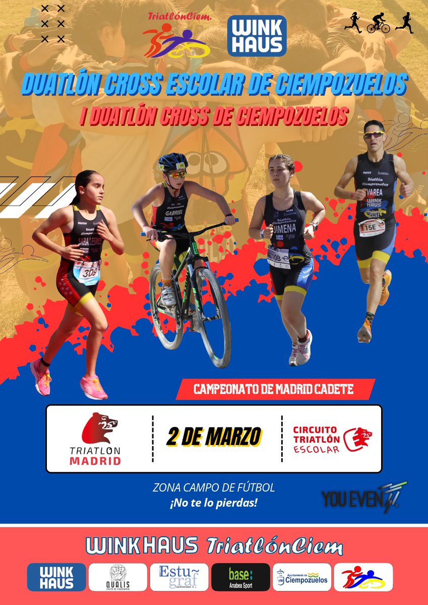 Desde hoy a las 14:00 abiertas inscripciones (cadete y juvenil) para la 1ª prueba del Circuito Escolar de la FMTRI 2024, el Duatlón Cros de Ciempozuelos, Campeonato de Madrid Cadete de Duatlón Cros. Inscripciones en nuestro linktree y en nuestra web. @TriatlonCiempo @TRIATLONSP