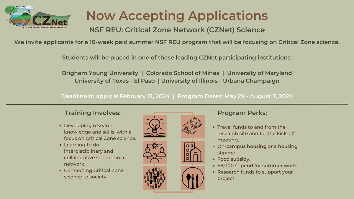 Application deadline extended to Feb 21! This program will place undergraduate students in one of these leading CZNet participating institutions: BYU, Mines, UMD, UT- El Paso, UI-Urbana Champaign @CZCNet criticalzone.org/hub/critical-z…