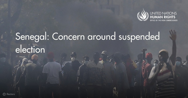 UNHumanRights's tweet photo. #Senegal: The tense situation following the suspension of the presidential election is deeply concerning. 

We call on the authorities to uphold democracy &amp; respect for human rights &amp; urge all actors to refrain from violence.