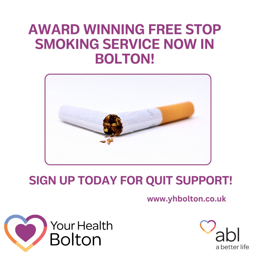 ABL Health are delivering a new free Stop Smoking Service in Bolton - 12week quit programmes run by expert advisers providing a range of proven methods to help you quit as well as supplying up to 12 weeks of free Nicotine Replacement products. Sign up➡️ yhbolton.co.uk