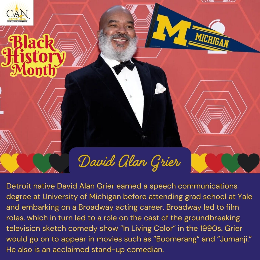 CapitalAreaCAN's tweet image. February is Black History Month, David Alan Grier is just one notable Black alumni from one of Michigan's public universities. #blackhistorymonth #alunmi #blackandeducated #universityofmichigan