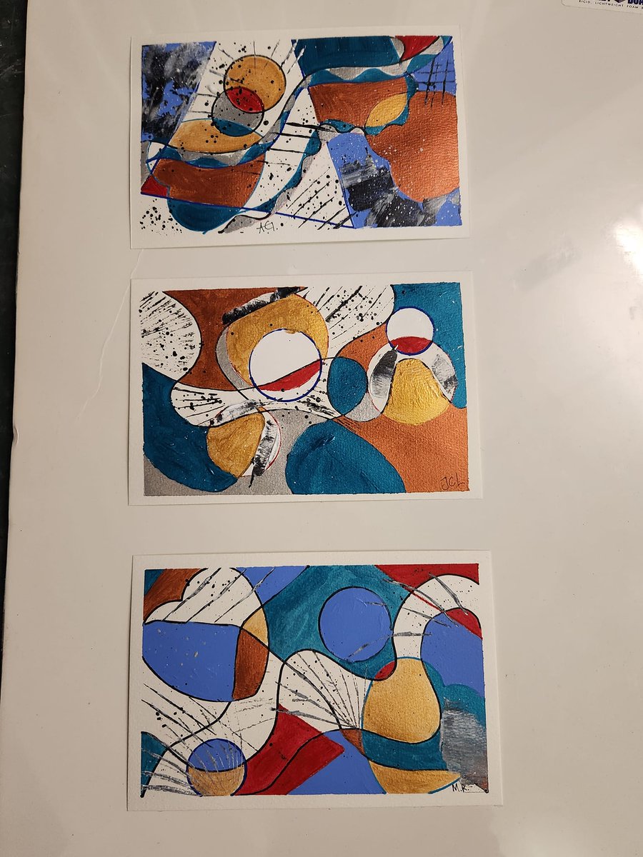 Down to just two of us for acrylics this week, plus the instructor. Working on abstract art with metallic paints.